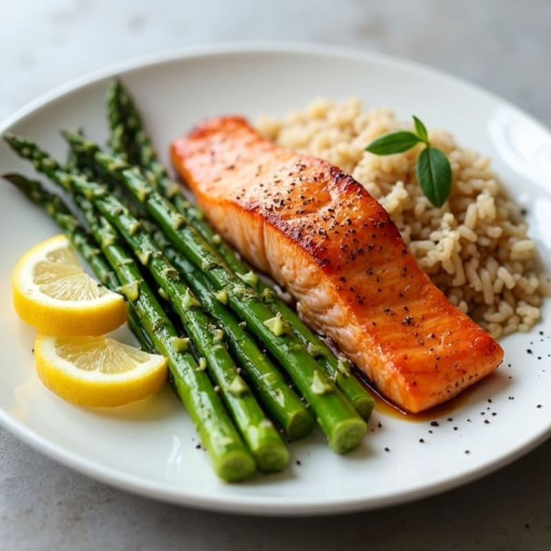 Seared Salmon with Steamed Asparagus and Brown Rice