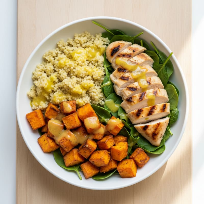 Grilled Chicken and Quinoa Bowl with Roasted Sweet Potatoes and Spinach