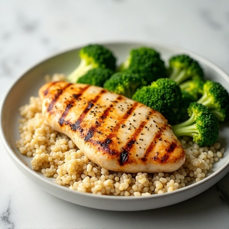 Grilled Lemon-Garlic Chicken Breast with Quinoa and Steamed Broccoli