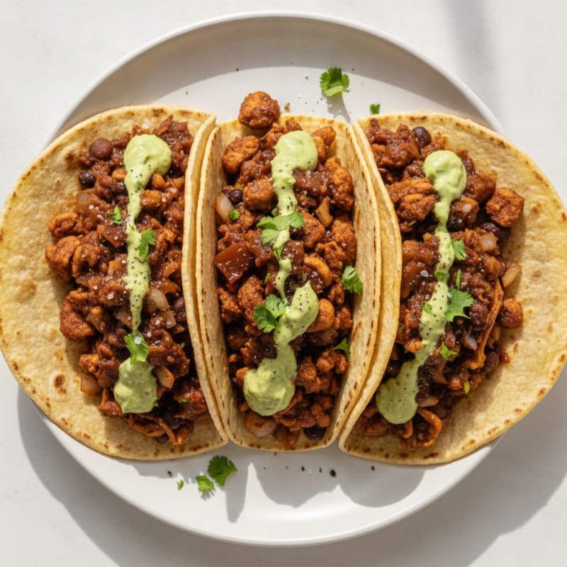 Jackfruit Adobo Tacos with Avocado Crema