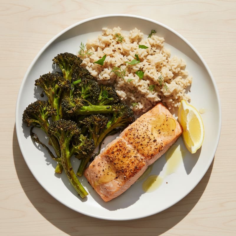Baked Salmon with Roasted Broccoli and Herb Rice