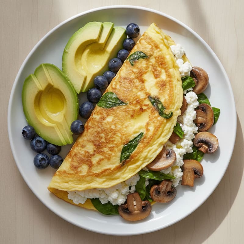 Egg White Spinach Omelette with Cottage Cheese and Sautéed Mushrooms