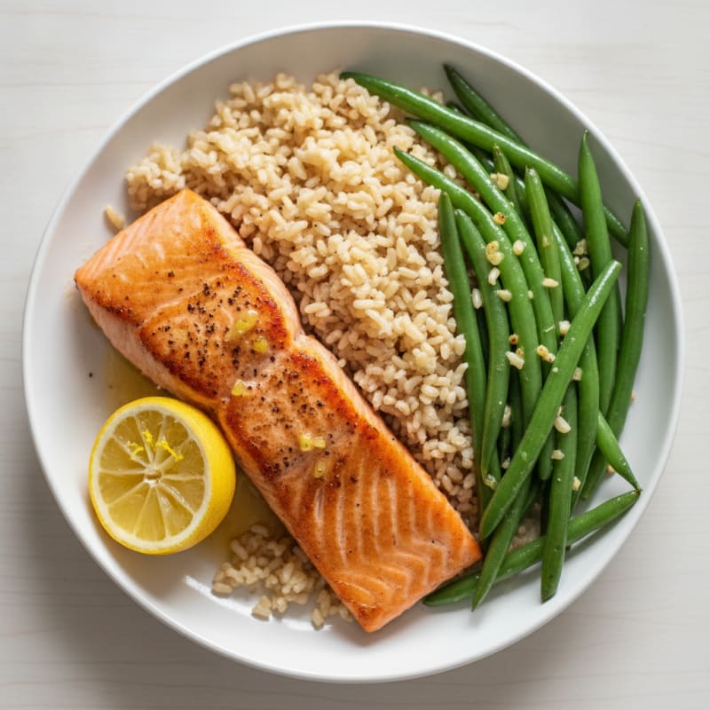 Seared Salmon with Garlic Green Beans and Brown Rice
