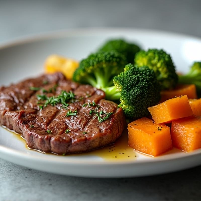 Seared Lean Beef with Roasted Broccoli and Sweet Potato