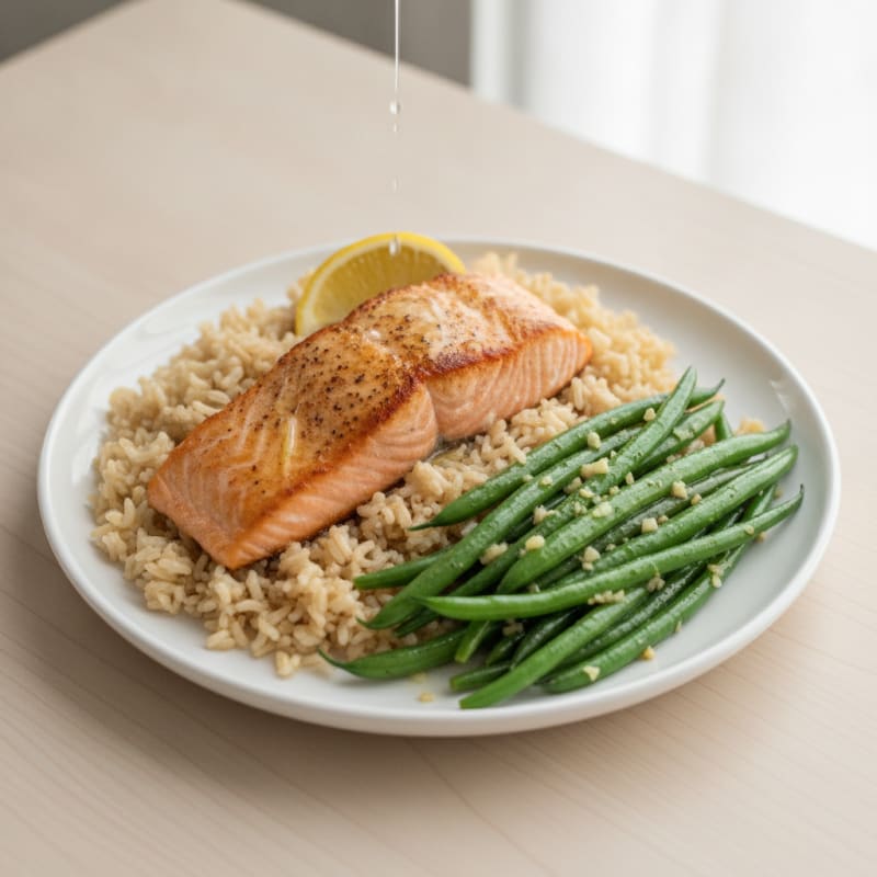 Seared Salmon with Garlic Green Beans and Brown Rice