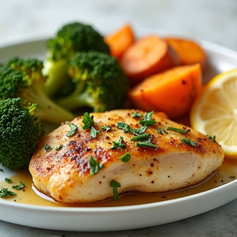 Lemon-Herb Roasted Chicken with Crispy Roasted Broccoli and Sweet Potato