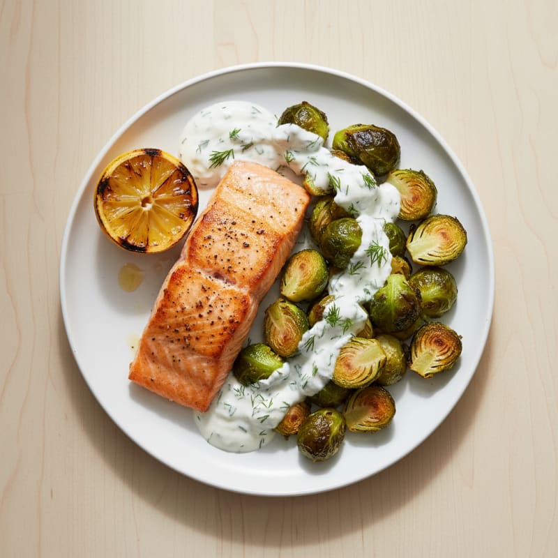 Seared Salmon Fillet with Roasted Brussels Sprouts and Greek Yogurt Sauce