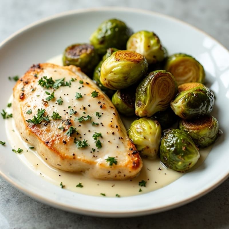 Creamy Herb Roasted Chicken with Crispy Brussels Sprouts