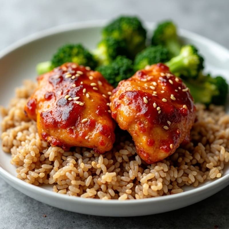 Gochujang-Glazed Crispy Chicken Thighs with Steamed Broccoli and Brown Rice
