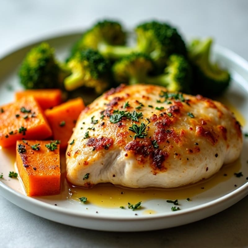 Garlic Herb Roasted Chicken with Crispy Sweet Potatoes and Broccoli