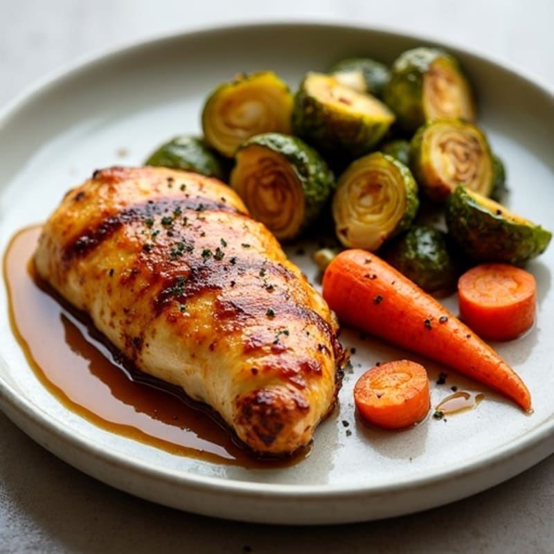 Sheet Pan Maple Glazed Chicken with Roasted Carrots and Crispy Brussels Sprouts