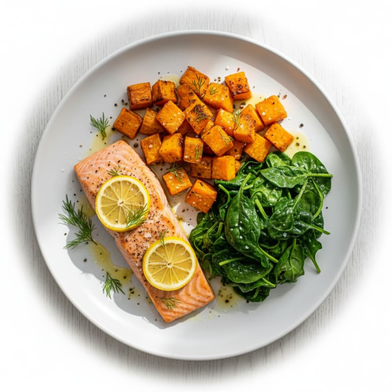 Baked Salmon with Roasted Sweet Potatoes and Spinach