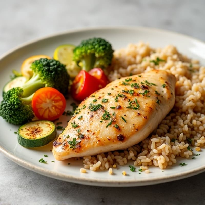 Lemon-Herb Roasted Chicken with Fluffy Brown Rice and Roasted Vegetables