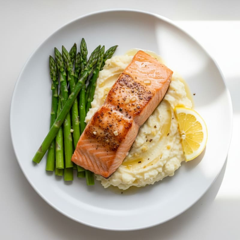 Seared Salmon with Steamed Asparagus and Cauliflower Mash