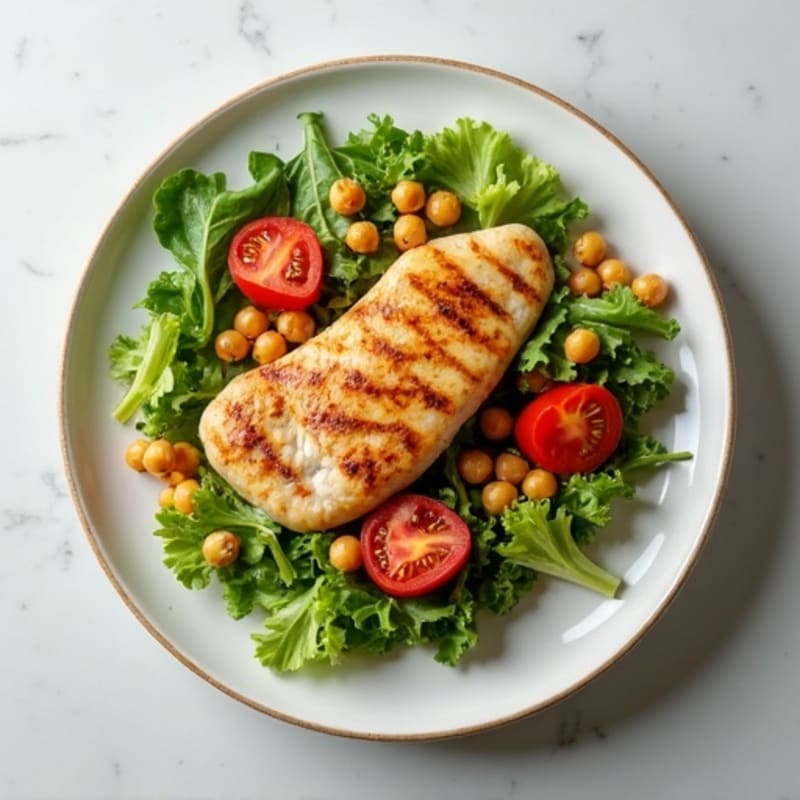 Grilled Chicken Breast Salad with Crunchy Chickpeas and Mixed Greens