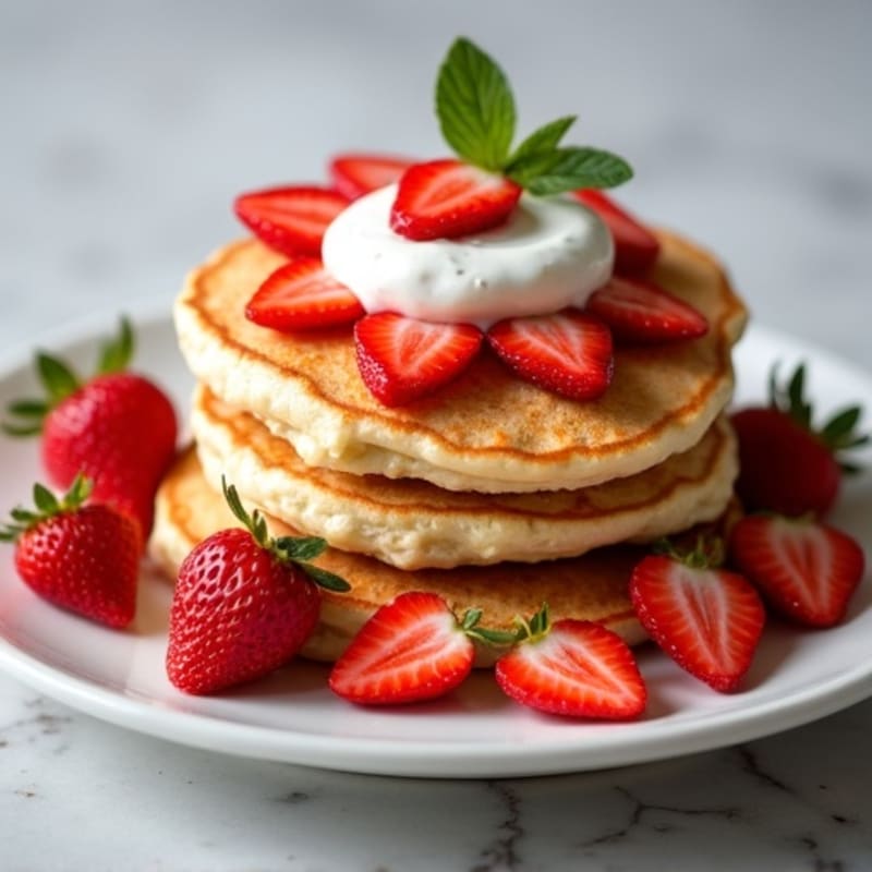 Fluffy Protein Pancakes with Fresh Strawberries and Creamy Greek Yogurt Topping