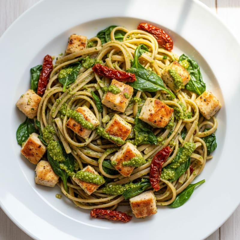 Pesto Chicken Linguine with Sun-Dried Tomatoes