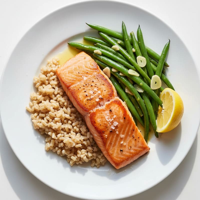 Seared Salmon Fillet with Garlic Green Beans and Brown Rice