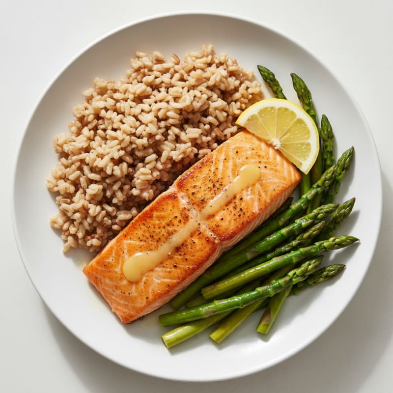 Seared Salmon with Steamed Asparagus and Brown Rice
