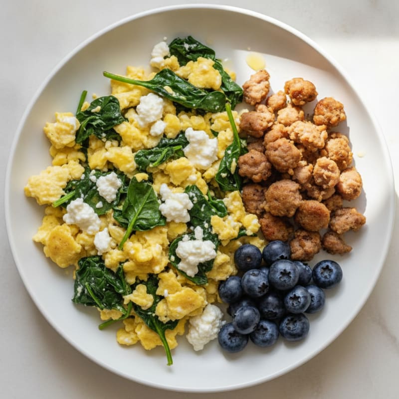 Cottage Cheese Scramble with Spinach and Turkey Sausage
