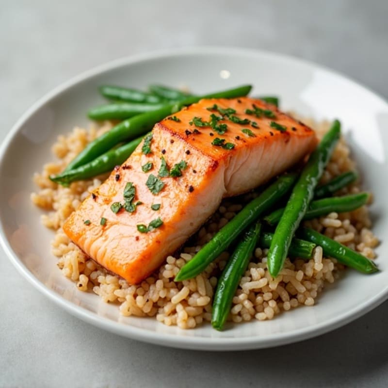 Seared Salmon with Garlic Green Beans and Brown Rice