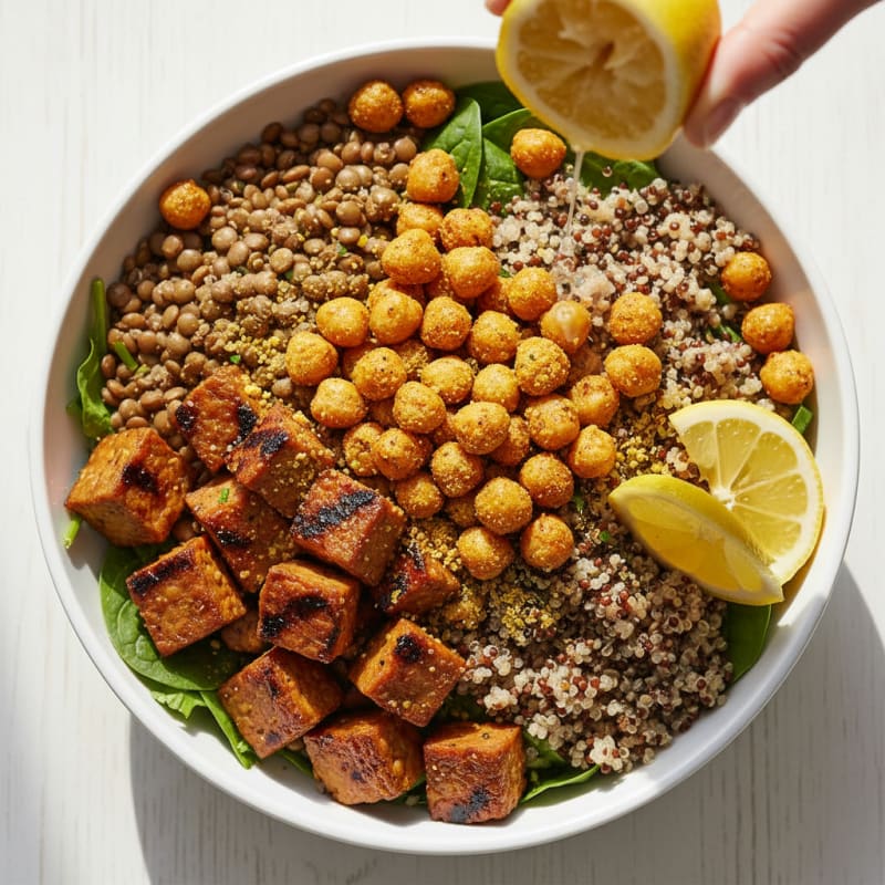 Grilled Lentil and Quinoa Power Bowl with Roasted Chickpeas