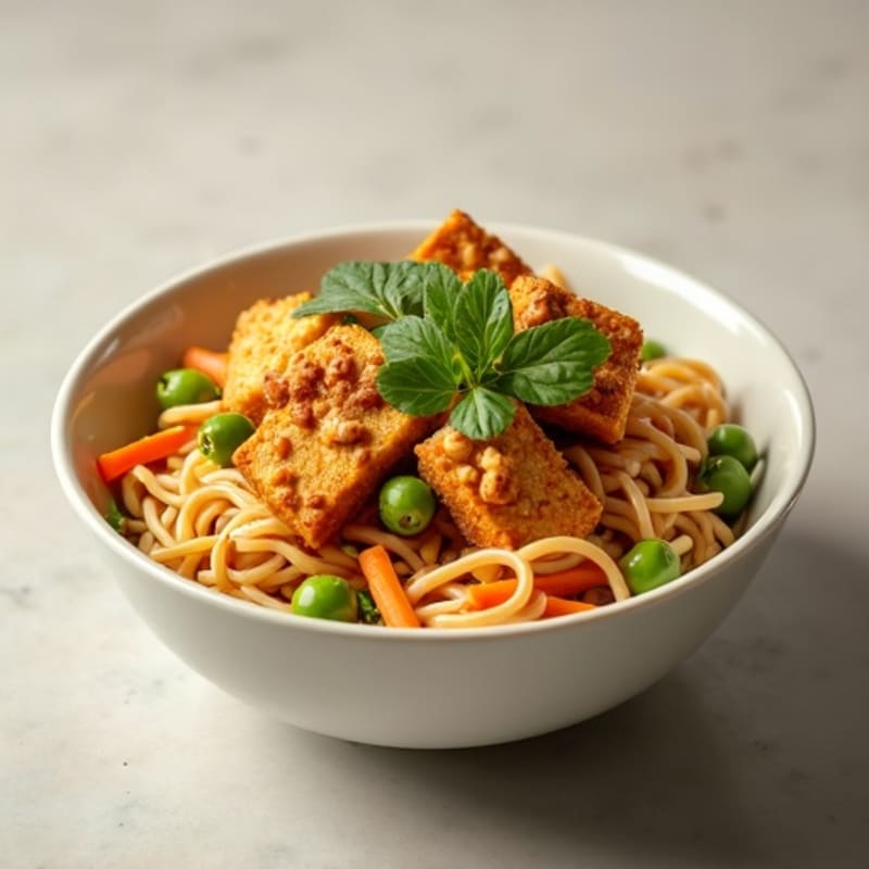 Creamy Vegan Peanut Noodles with Crispy Tofu and Fresh Snap Peas