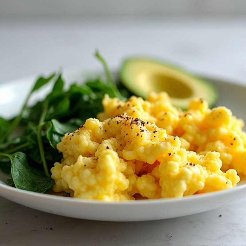 Fluffy Scrambled Eggs with Sautéed Spinach and Creamy Avocado