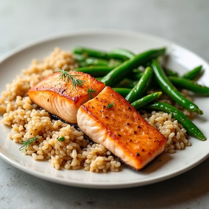 Seared Salmon Fillet with Garlic Green Beans and Brown Rice