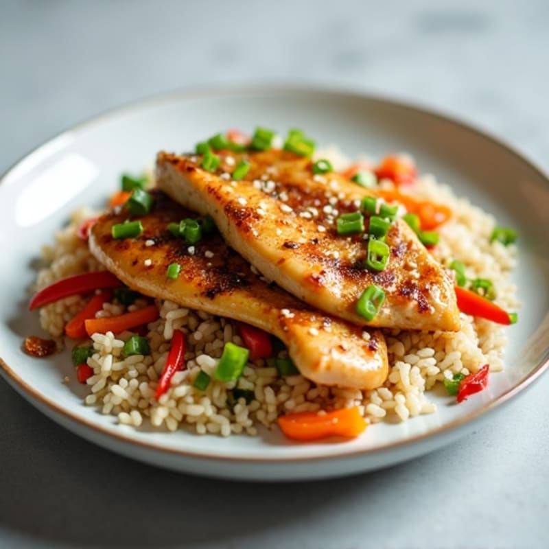 Garlic-Ginger Chicken with Sautéed Rice and Crisp Vegetables