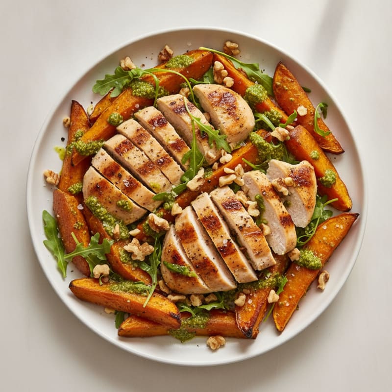 Roasted Sweet Potatoes with Pesto and Nuts