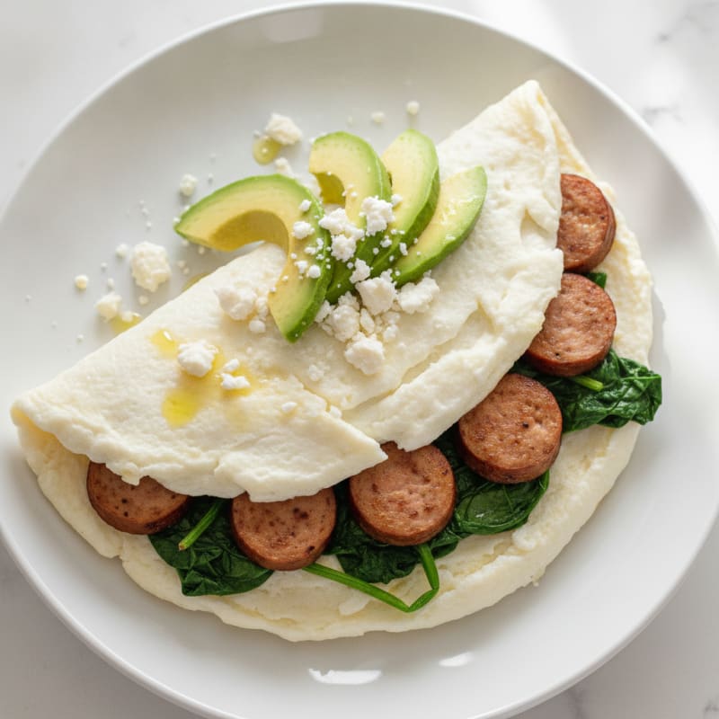 Egg White Omelet with Turkey Sausage and Sautéed Spinach