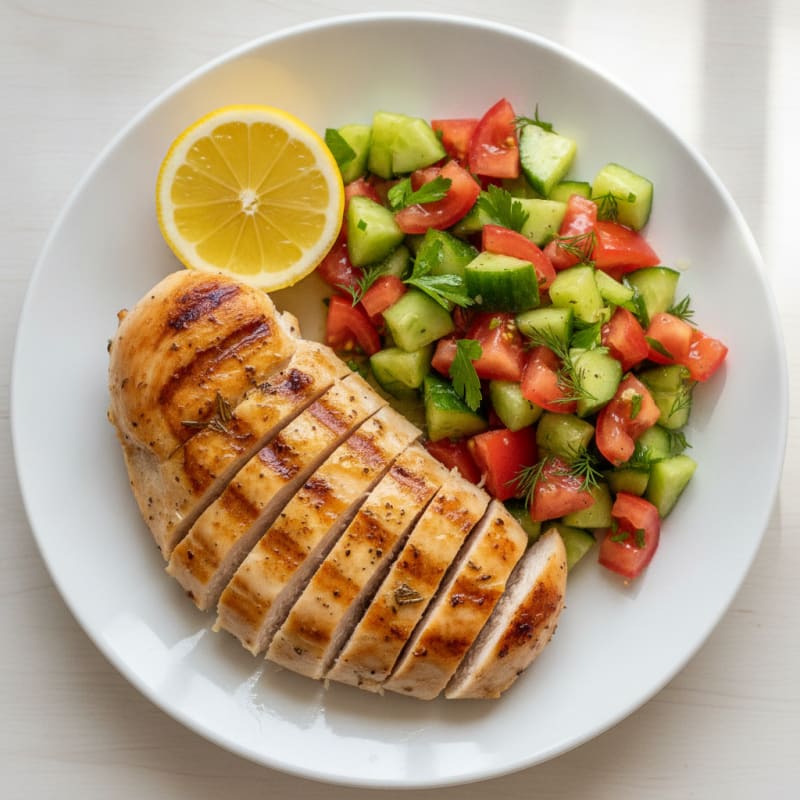 Grilled Chicken Breast with Cucumber Tomato Salad