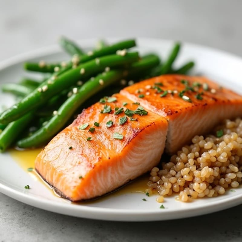 Seared Salmon with Garlic Green Beans and Brown Rice