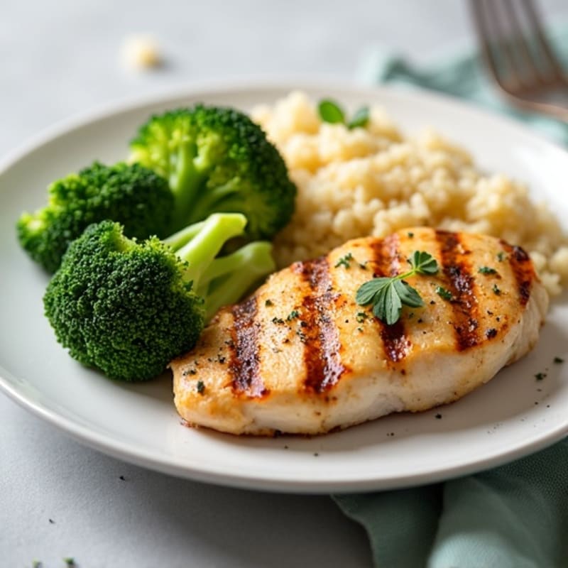 Grilled Lemon Garlic Chicken Breast with Quinoa and Steamed Broccoli