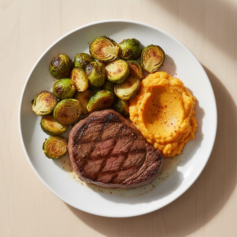 Seared Lean Beef with Roasted Brussels Sprouts and Sweet Potato Mash