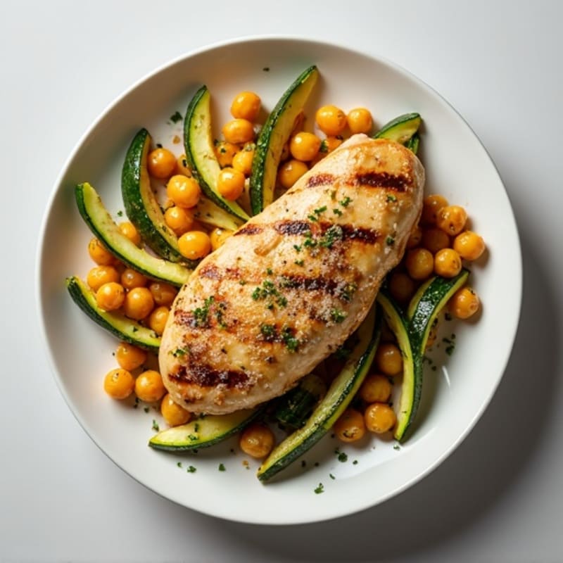 Garlic Parmesan Roasted Zucchini Spears with Chicken and Chickpeas