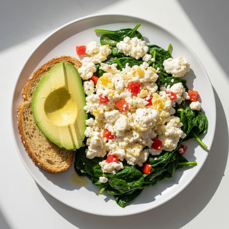 Egg White Veggie Scramble with Cottage Cheese and Sautéed Spinach