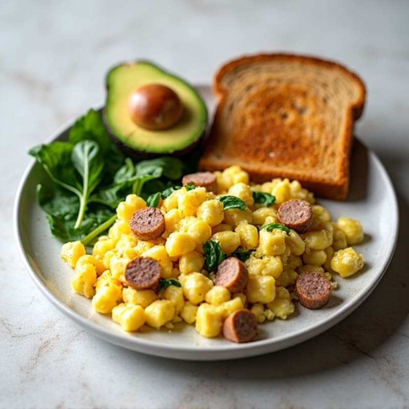 Egg White Scramble with Turkey Sausage, Spinach, Toast & Avocado