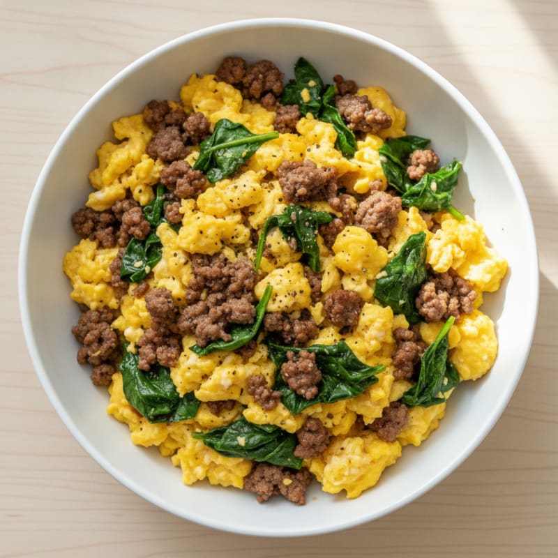 Scrambled Eggs with Ground Beef and Spinach
