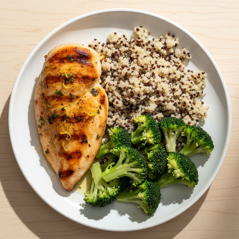 Grilled Chicken Breast with Steamed Broccoli and Quinoa