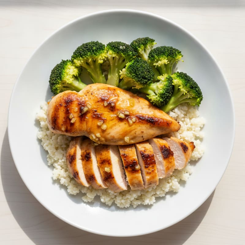 Grilled Chicken Breast with Steamed Broccoli and Cauliflower Rice