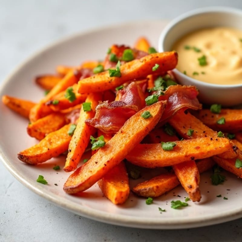 Crispy Sweet Potato Fries with Lean Turkey Bacon and Creamy Cheddar Sauce