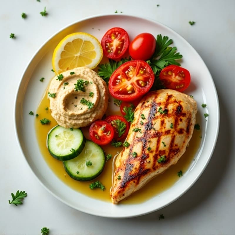 Lemon-Herb Grilled Chicken with Creamy Hummus and Crisp Vegetables