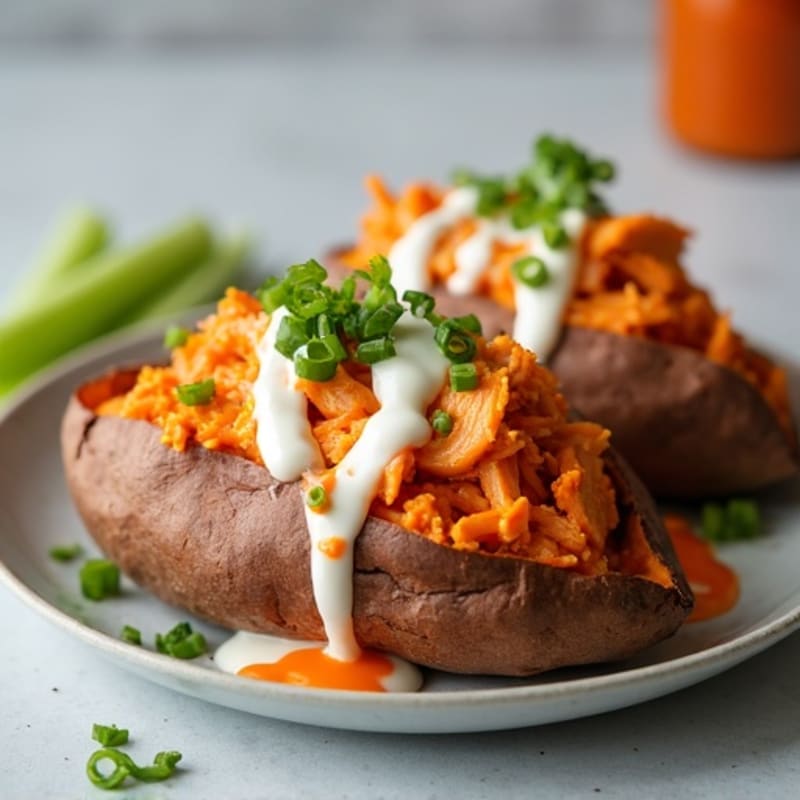 Creamy Buffalo Chicken Stuffed Sweet Potatoes