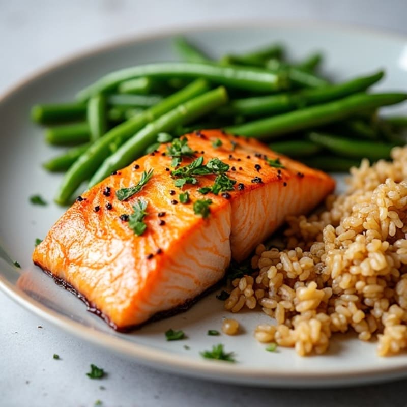 Seared Salmon with Garlic Green Beans and Brown Rice