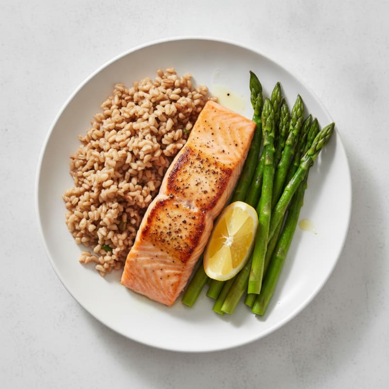 Seared Salmon with Steamed Asparagus and Brown Rice