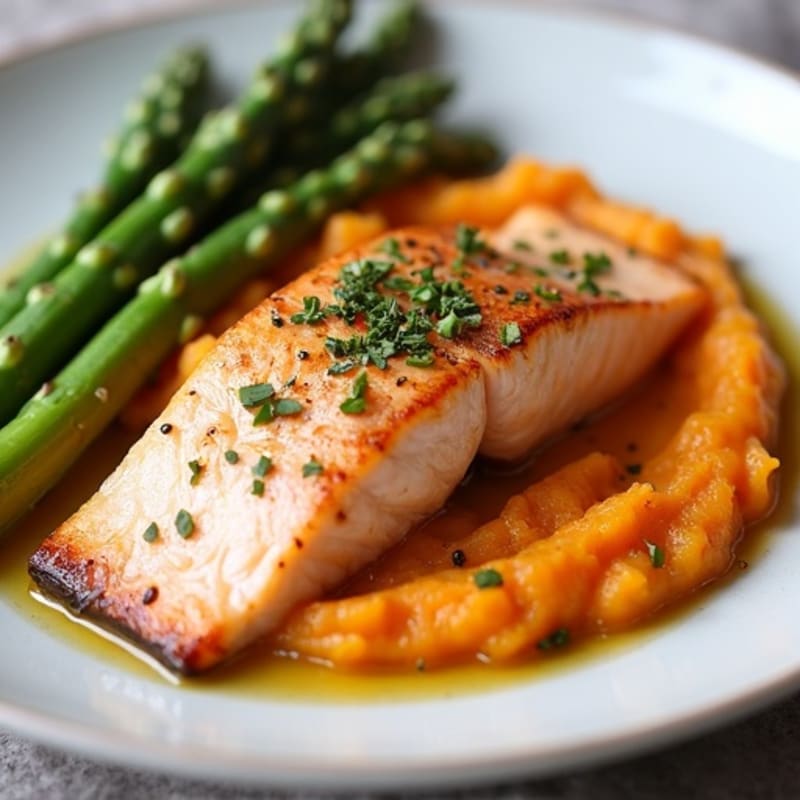 Seared Salmon with Steamed Asparagus and Sweet Potato Mash