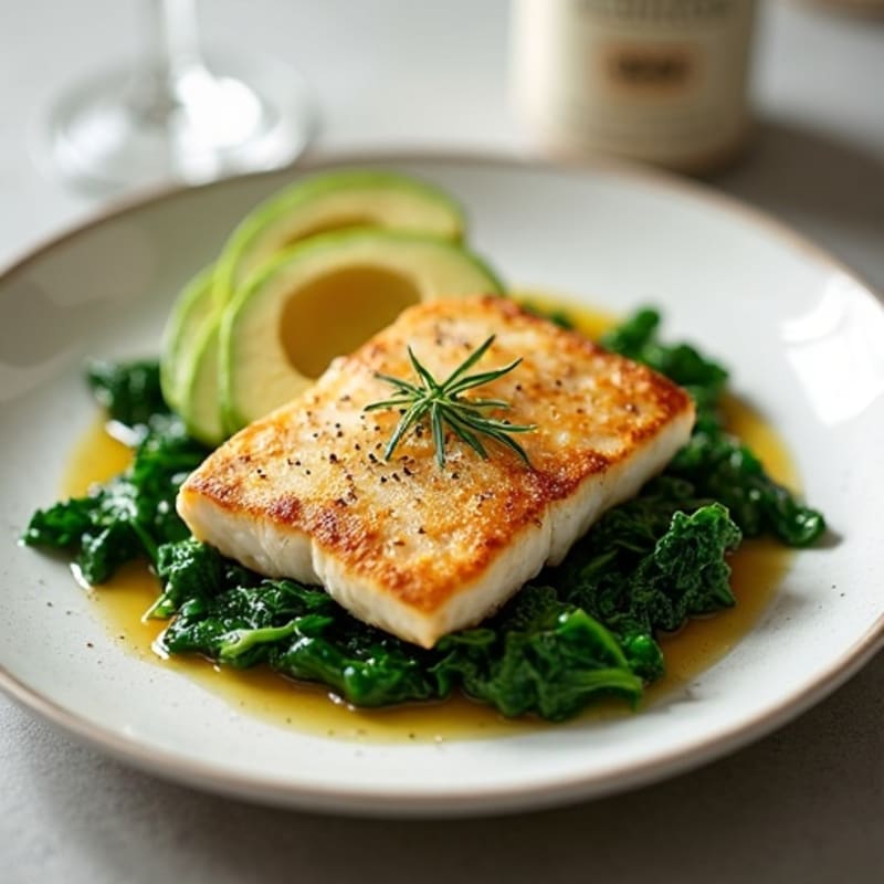 Flaky Pan-Seared Cod with Creamy Avocado and Sautéed Spinach