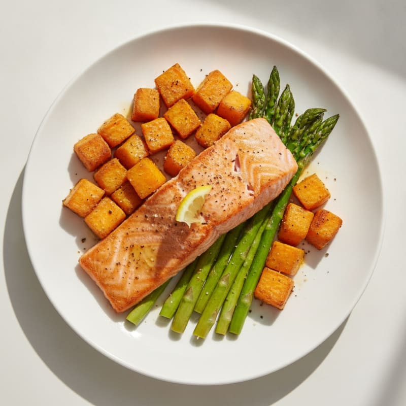 Seared Salmon with Roasted Sweet Potatoes and Asparagus